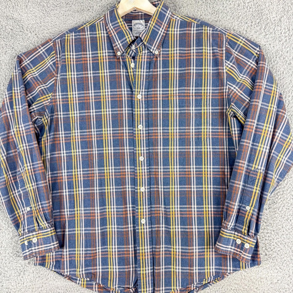 Brooks Brothers 346 Shirt Mens Large Blue Orange Plaid Slim Fit Button Down‎ - Picture 2 of 11